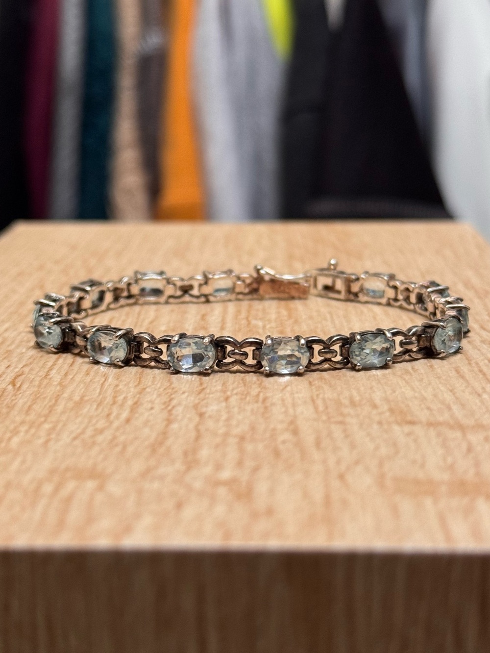 Vintage 925 Sterling Silver Oval Aquamarine Blue Topaz Tennis Bracelet by DBJ
